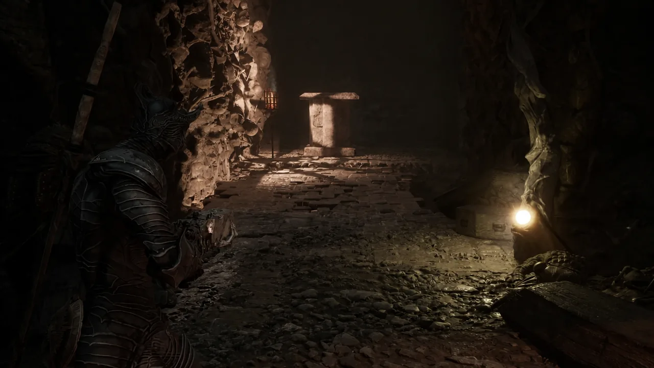 Armored character stands on the plate looking through the lifted wall toward the shrine