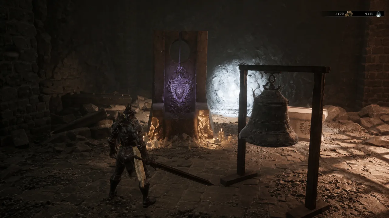 Player character stands beside a large hanging bell and lit shrine, ready to fire the sidearm