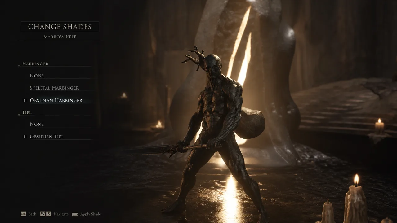 Obsidian Harbinger previewed in the Change Shades menu with the Apply Shade prompt visible
