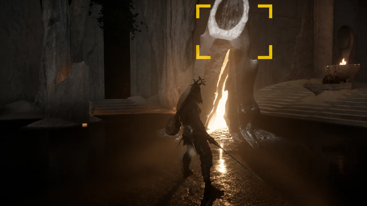 Targeting brackets highlight a tall stone figure as the Harbinger approaches it inside a dim cavern