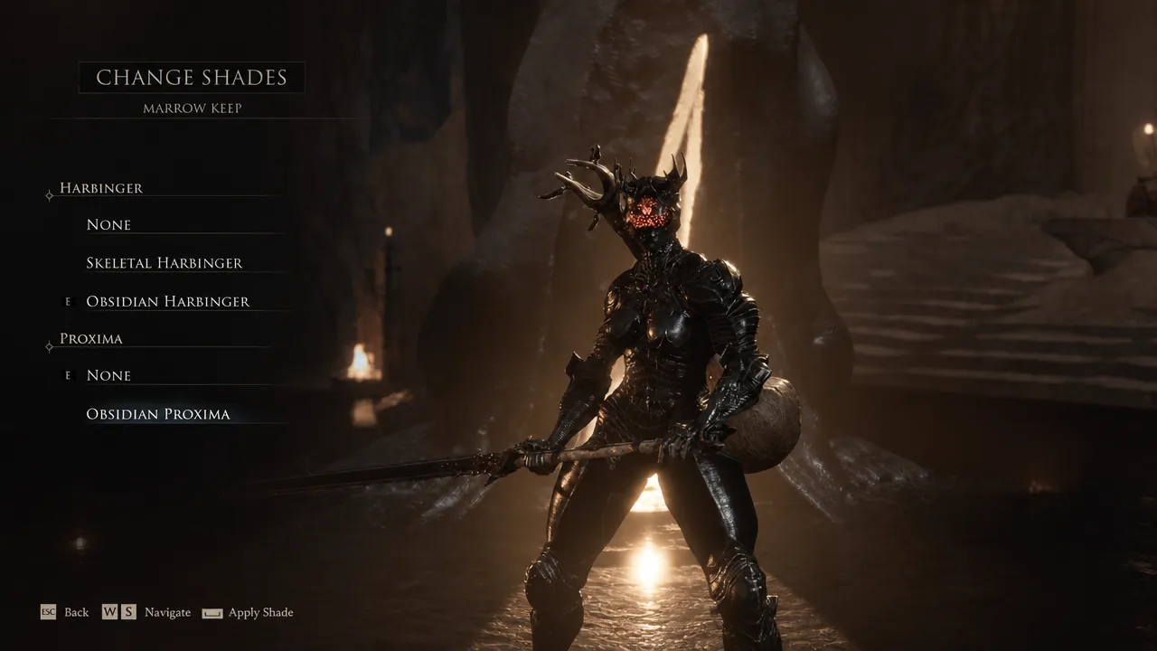 Change Shades menu with the Harbinger shade applied and the Shell slot set to None