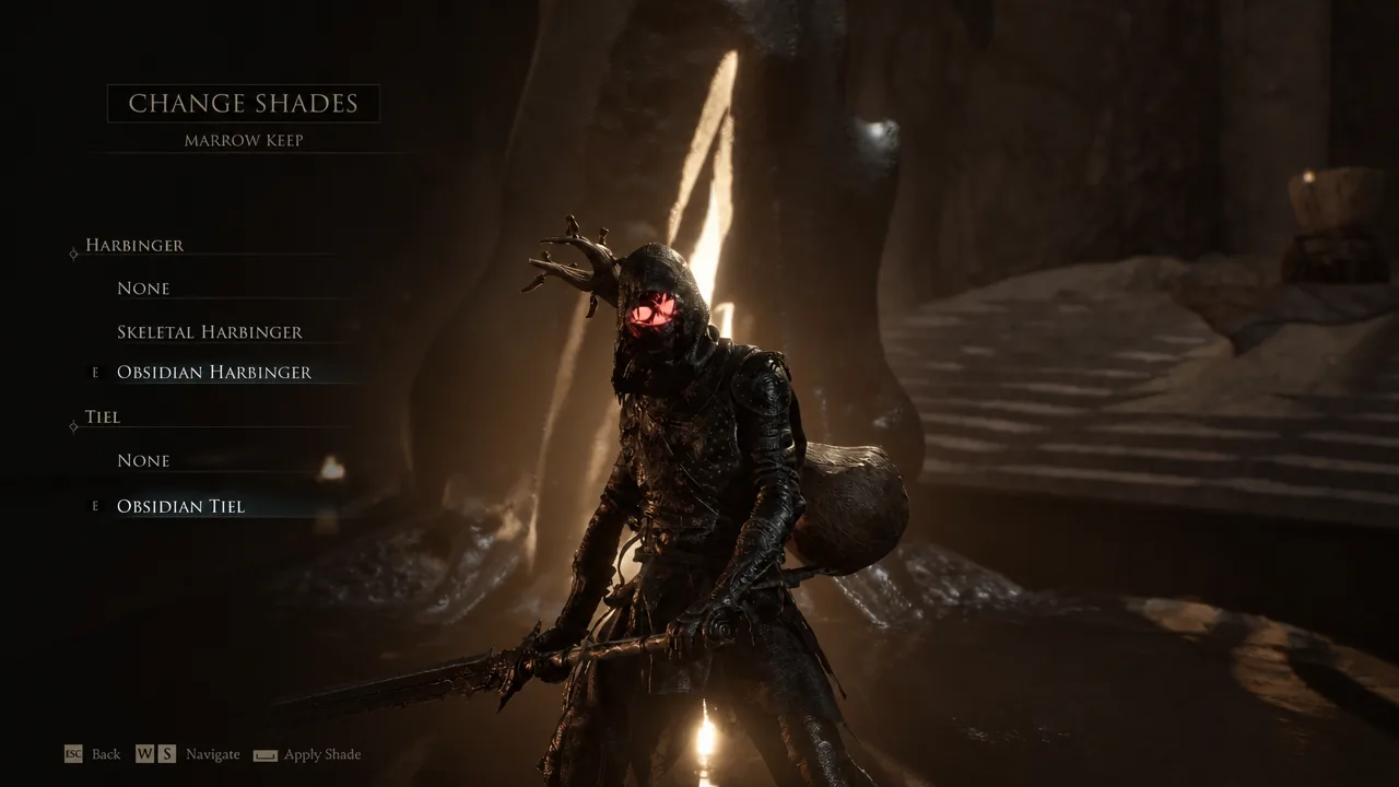 Obsidian Tiel highlighted in the Shell slot of the Change Shades menu alongside the Harbinger shade
