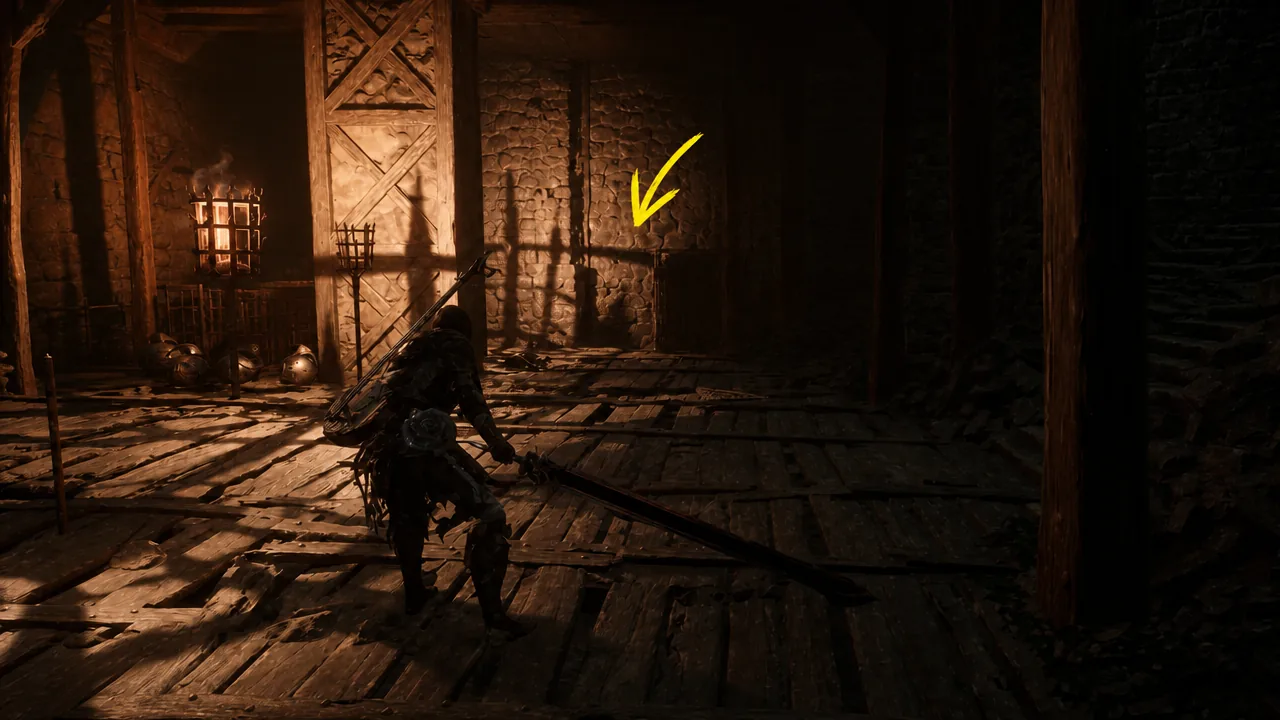 Yellow arrow marking a shadowy hidden passage beside a lit brazier in the sewers