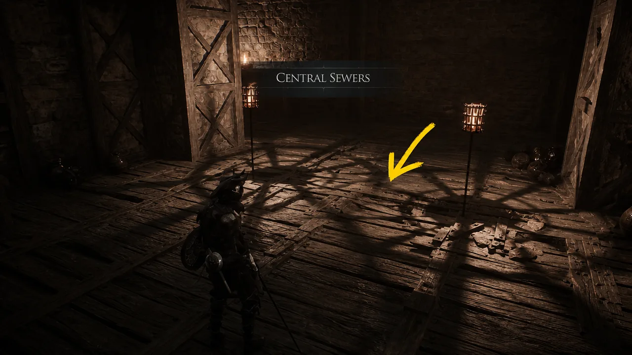 Player character walking across the wooden floor toward the marked loose floorboards