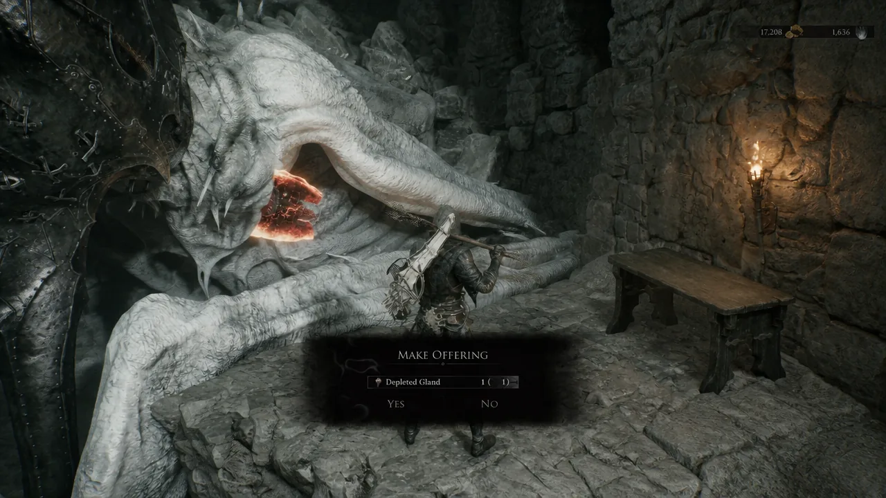 MAKE OFFERING confirmation menu with the Depleted Gland selected at the corpse in the Forgotten Tower