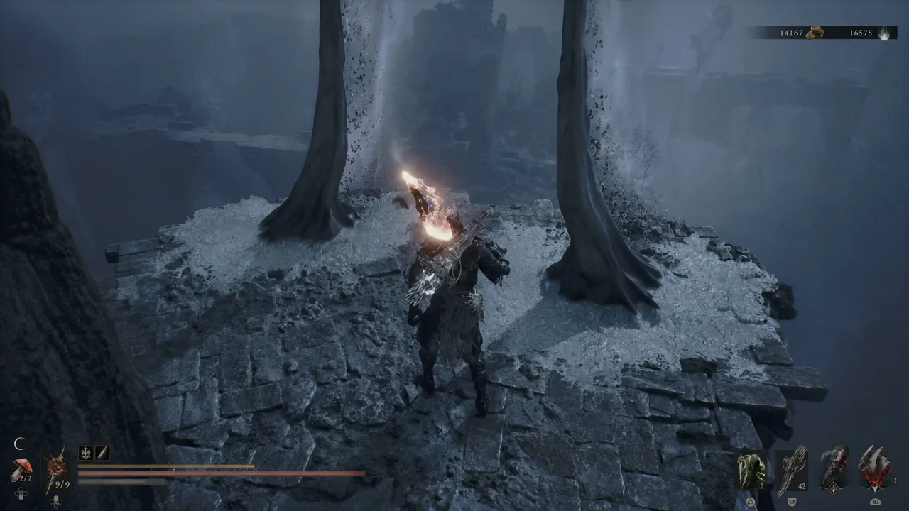 Harbinger swinging a flaming weapon on a stone platform on the route to the Forgotten Tower