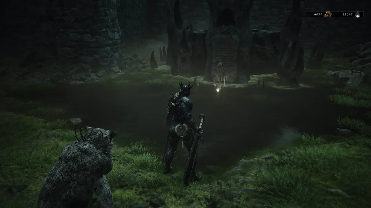 Character approaching a glowing pickup in shallow water in front of a stone monument
