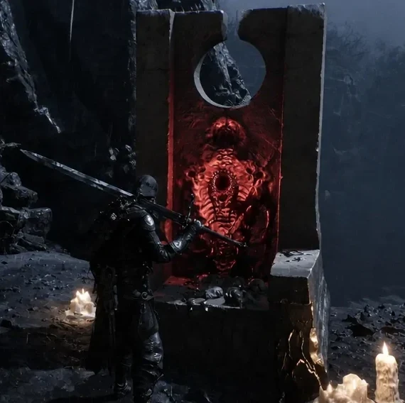The Harbinger reaching toward the glowing red chalice after the chains have been cut