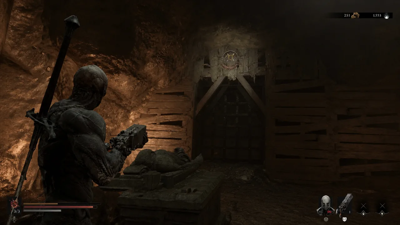 Player aiming a firearm at a sealed wooden door with a circular mechanism inside the tomb