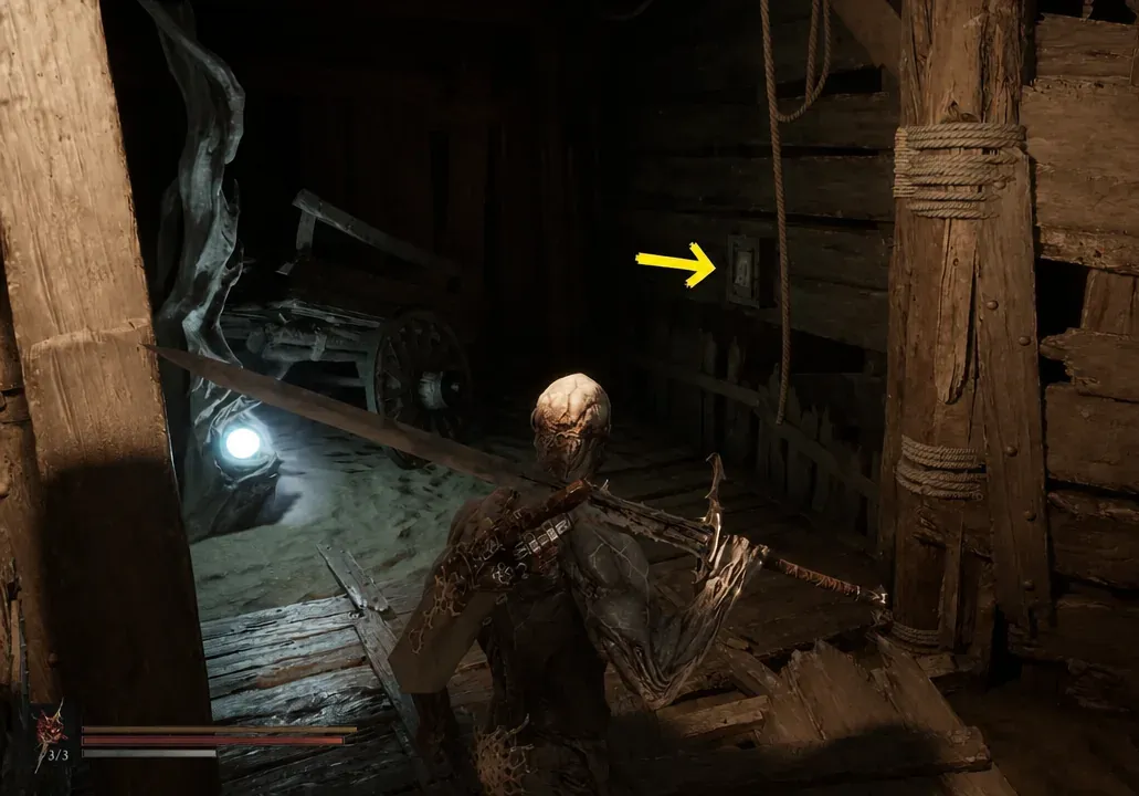 Yellow arrow pointing to a wall switch beside the wooden walkway in Martyr's Tomb