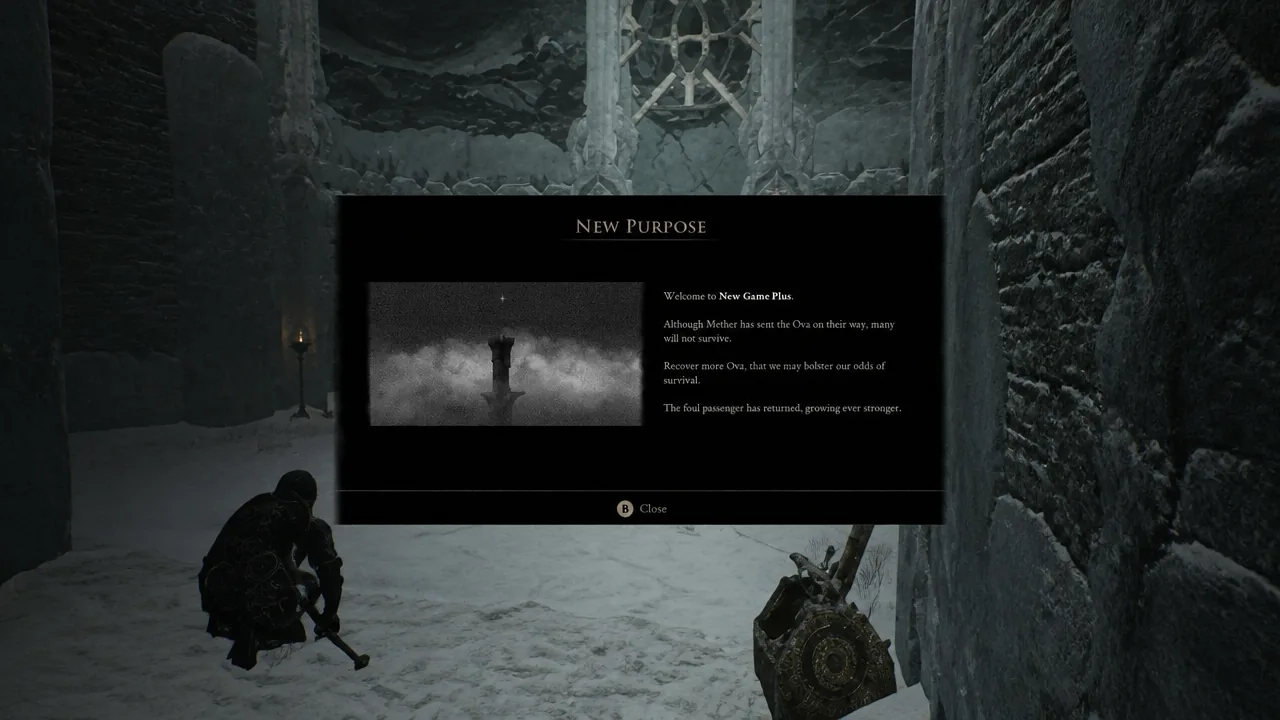 The New Purpose on-screen notification confirming a New Game Plus run has begun