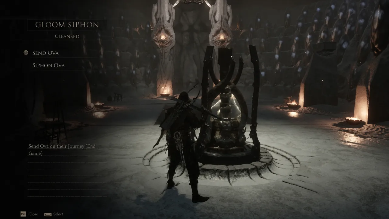 The Gloom Siphon menu in Marrow Keep with the Send Ova option highlighted
