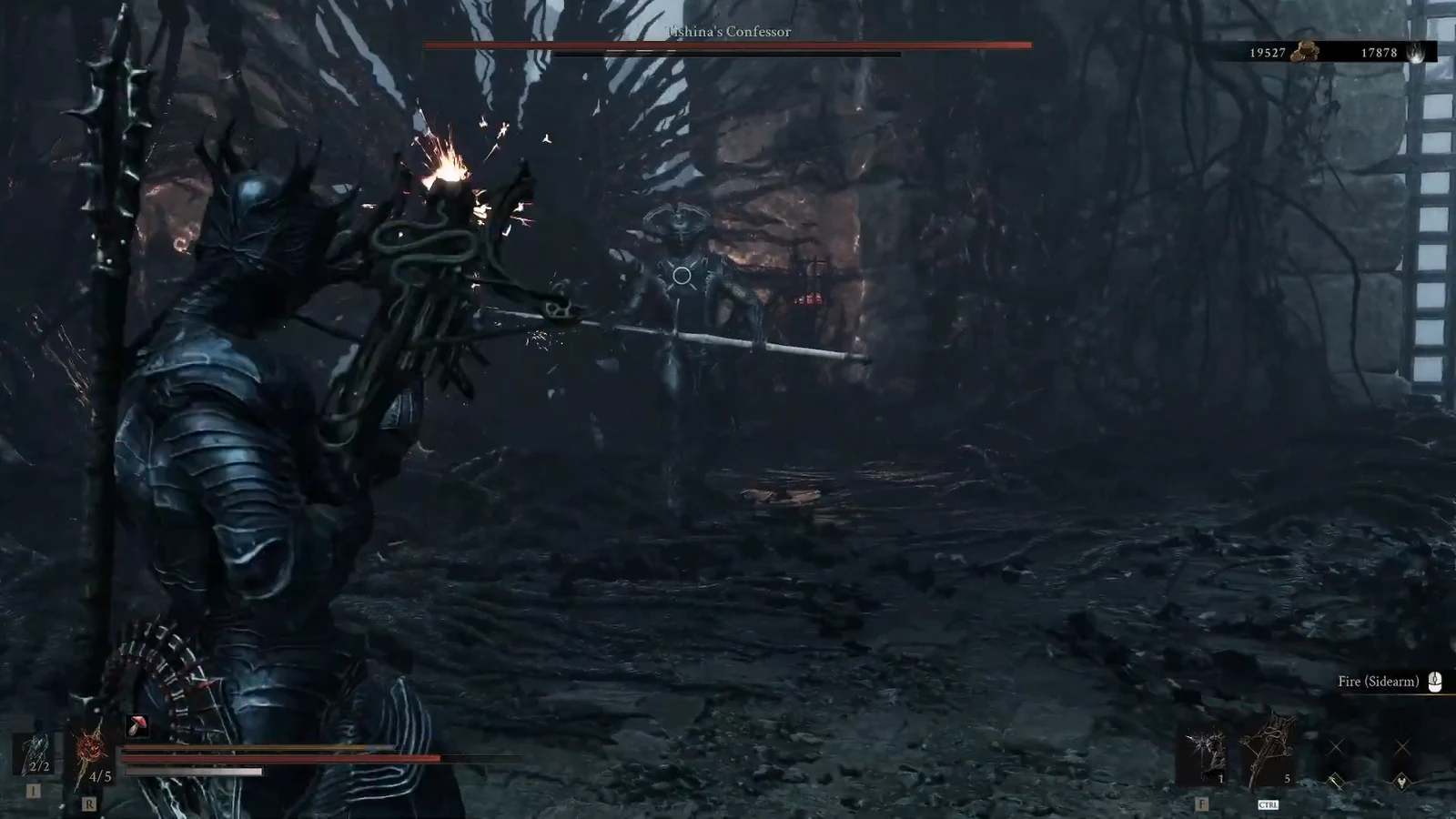 Player firing a sidearm at Tishina's Confessor during the boss fight