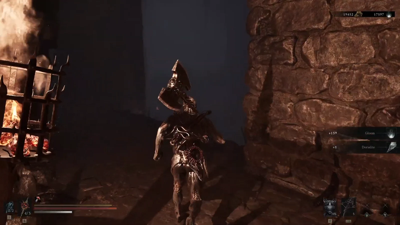 Armored character by a brazier with Gloom and Dorsalite on the HUD