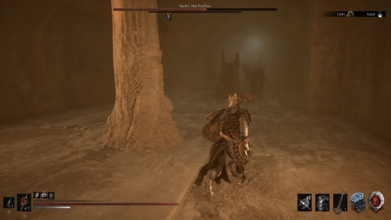 Combat against Sariel, the Endless in a sandy arena inside the Chamber of Becoming