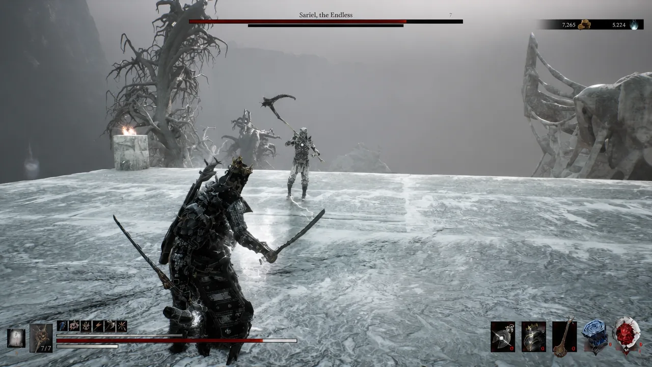 Player fighting Sariel, the Endless with the boss health bar shown at the top of the screen