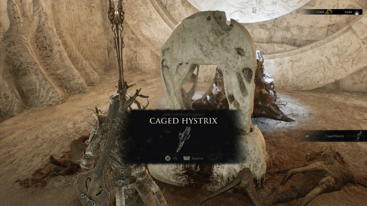 New Sidearm Acquired notification showing the Caged Hystrix with OK and Inspect options