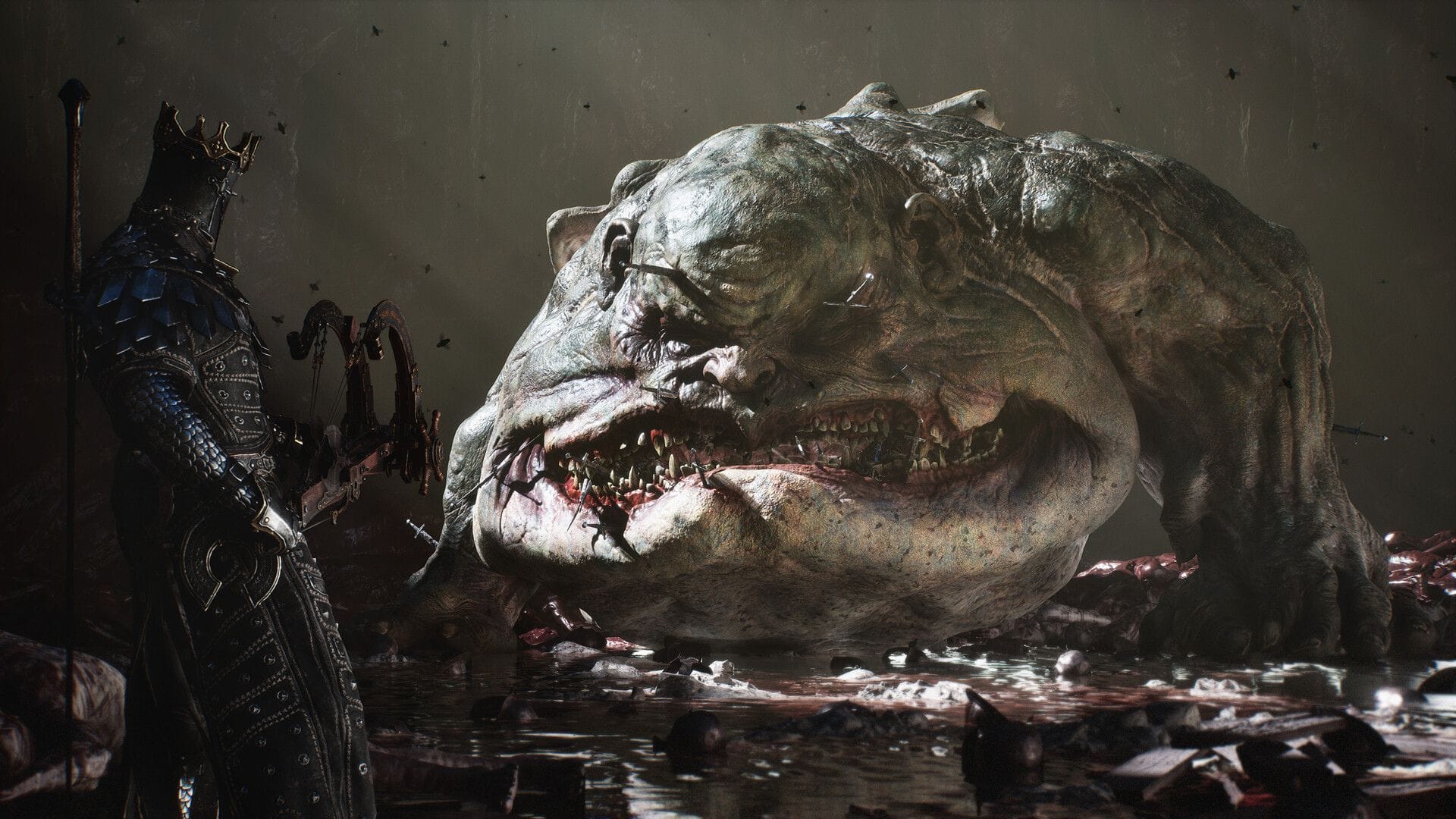 A Shell facing down an enemy in the dark world of Mortal Shell 2