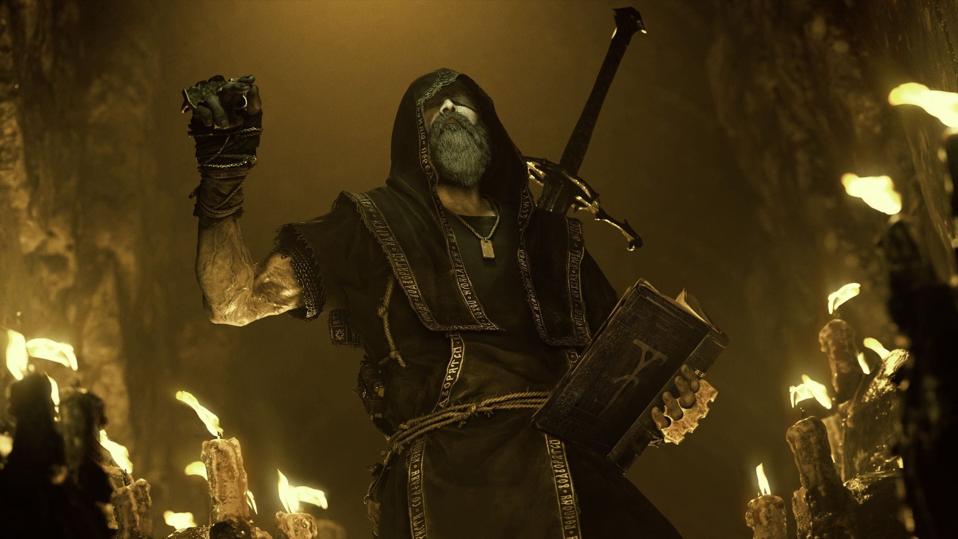 Close combat against a cursed enemy in a dark Mortal Shell 2 environment