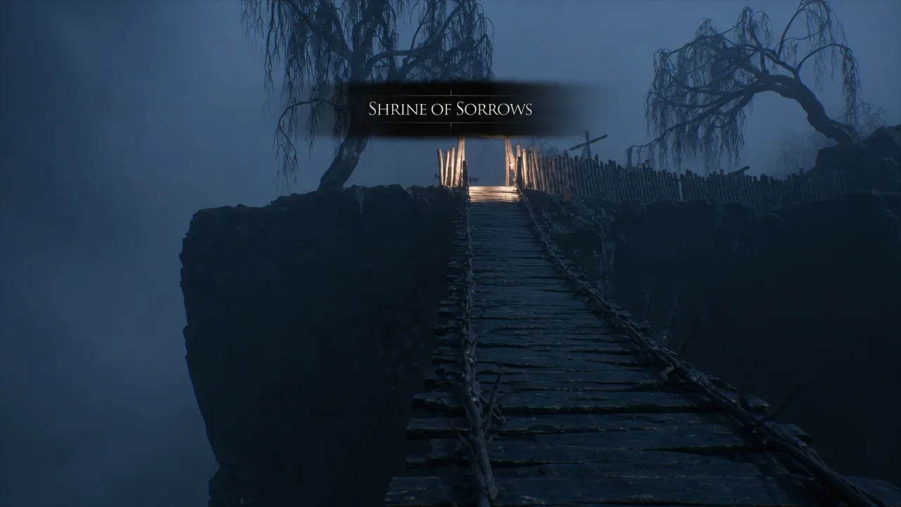 The Shrine of Sorrows location title appears as the player nears the bridge into the shrine