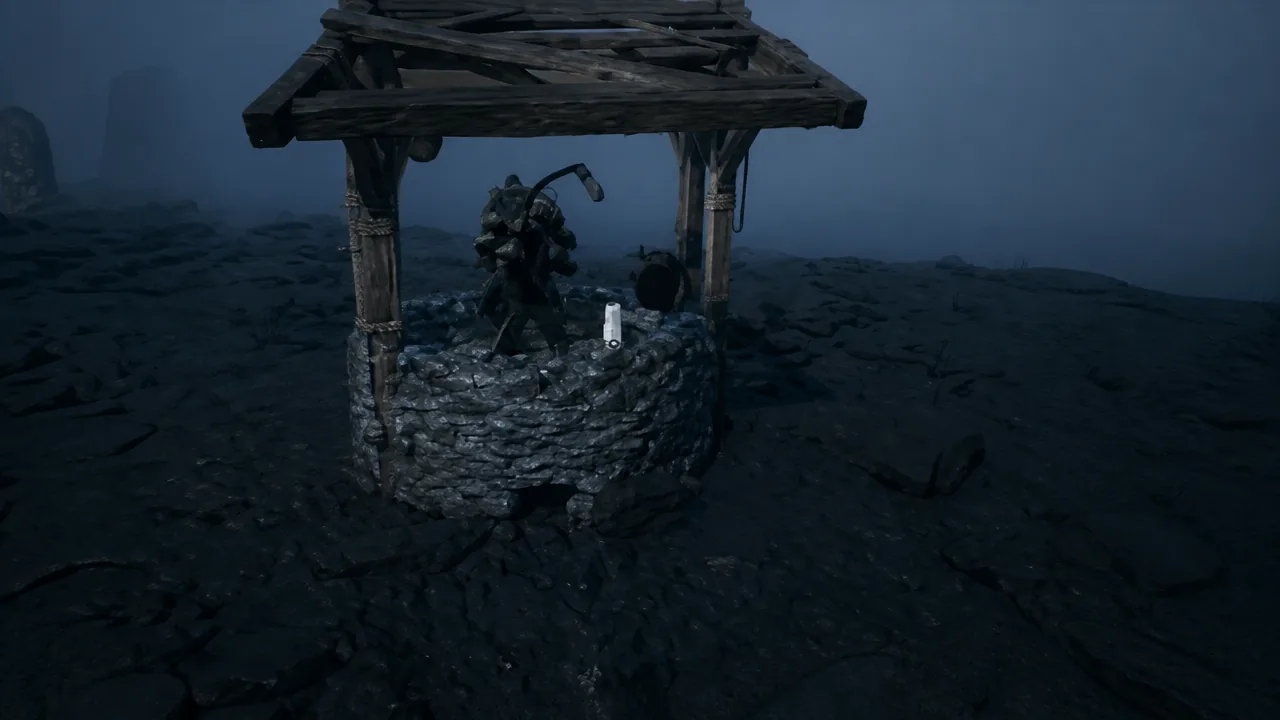 Player standing inside a roofed stone well reaching the white interaction marker on the candle