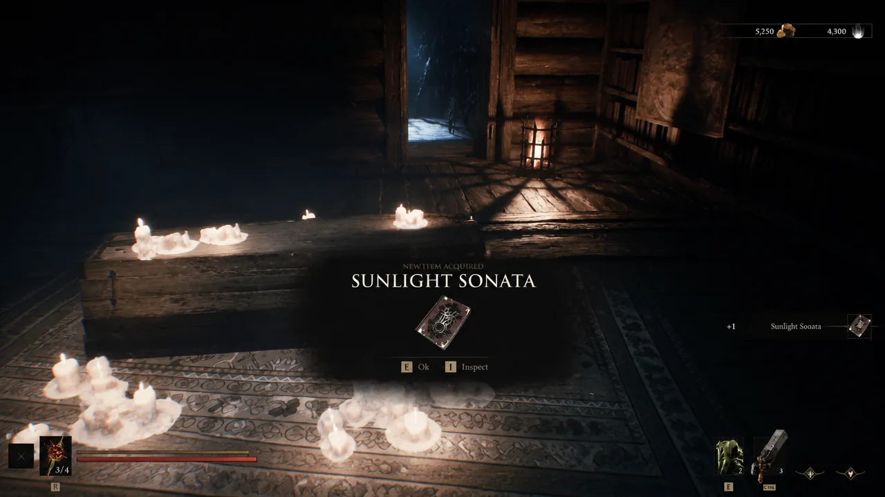 New Item Acquired popup showing the Sunlight Sonata with OK and inspect options