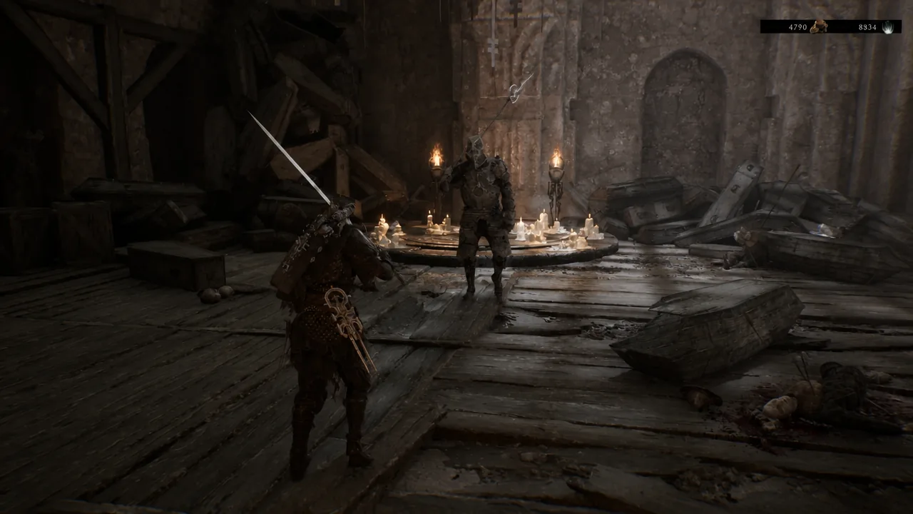 Player faces an armored Knight in a candlelit ruined chapel while holding a sword