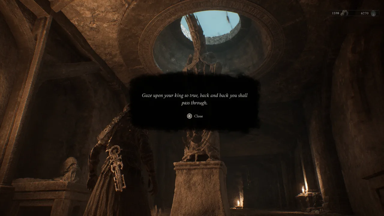 In-game clue dialog reading Gaze upon your king with a Close button