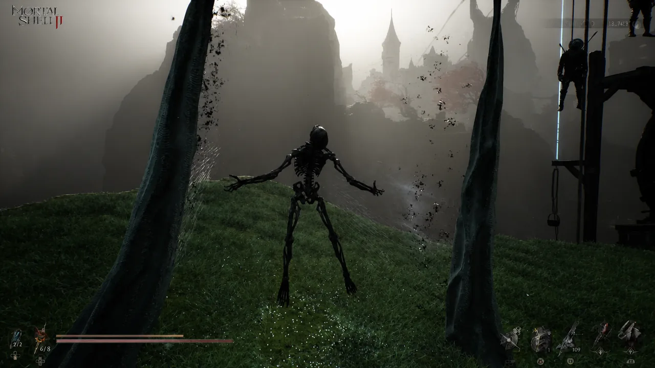 Skeletal enemy standing directly ahead after arriving in the Revenant Graves