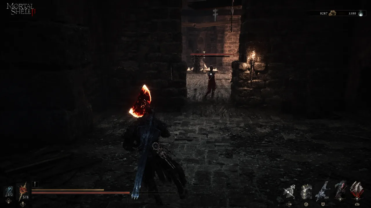 Player locked onto an enemy with a health bar showing during the chamber fight