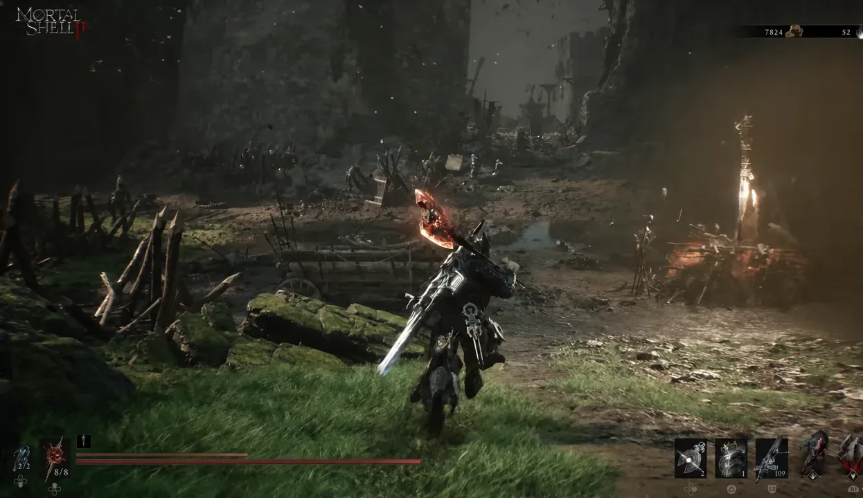 Harbinger with a burning weapon drawn while heading down the path toward the traverse point