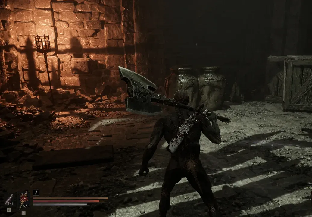 Player character holding a large battle axe in a torchlit stone dungeon with the HUD visible