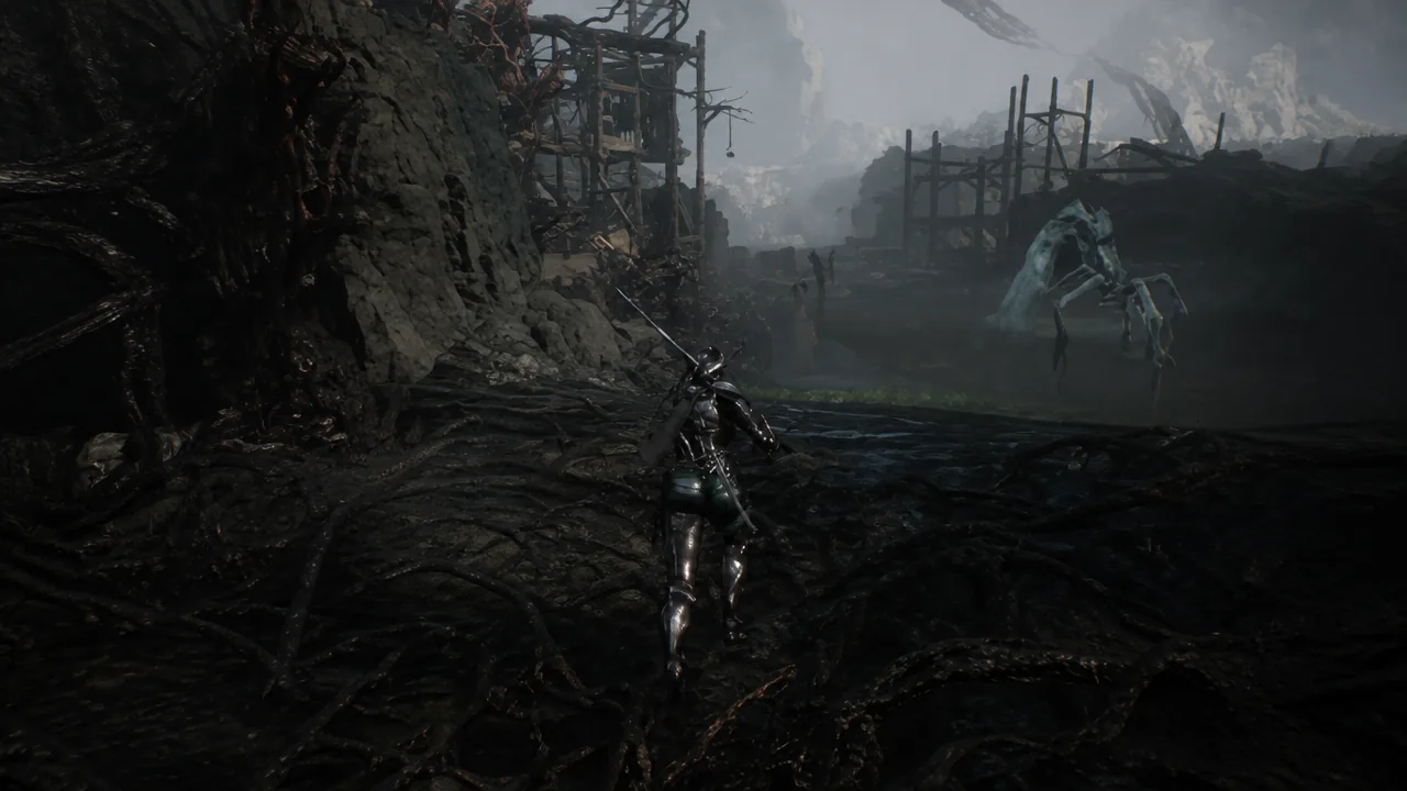 Armored warrior advancing through a dark ruined landscape toward distant skeletal foes