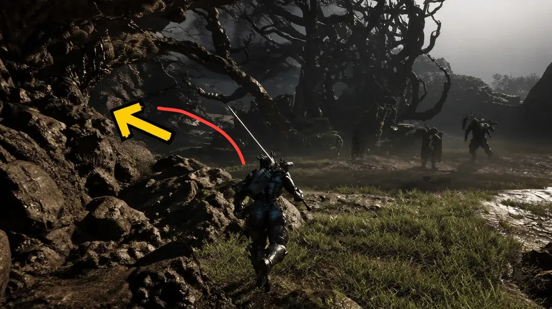 Yellow arrow pointing to a rocky passage on the left as the armored character heads toward enemies