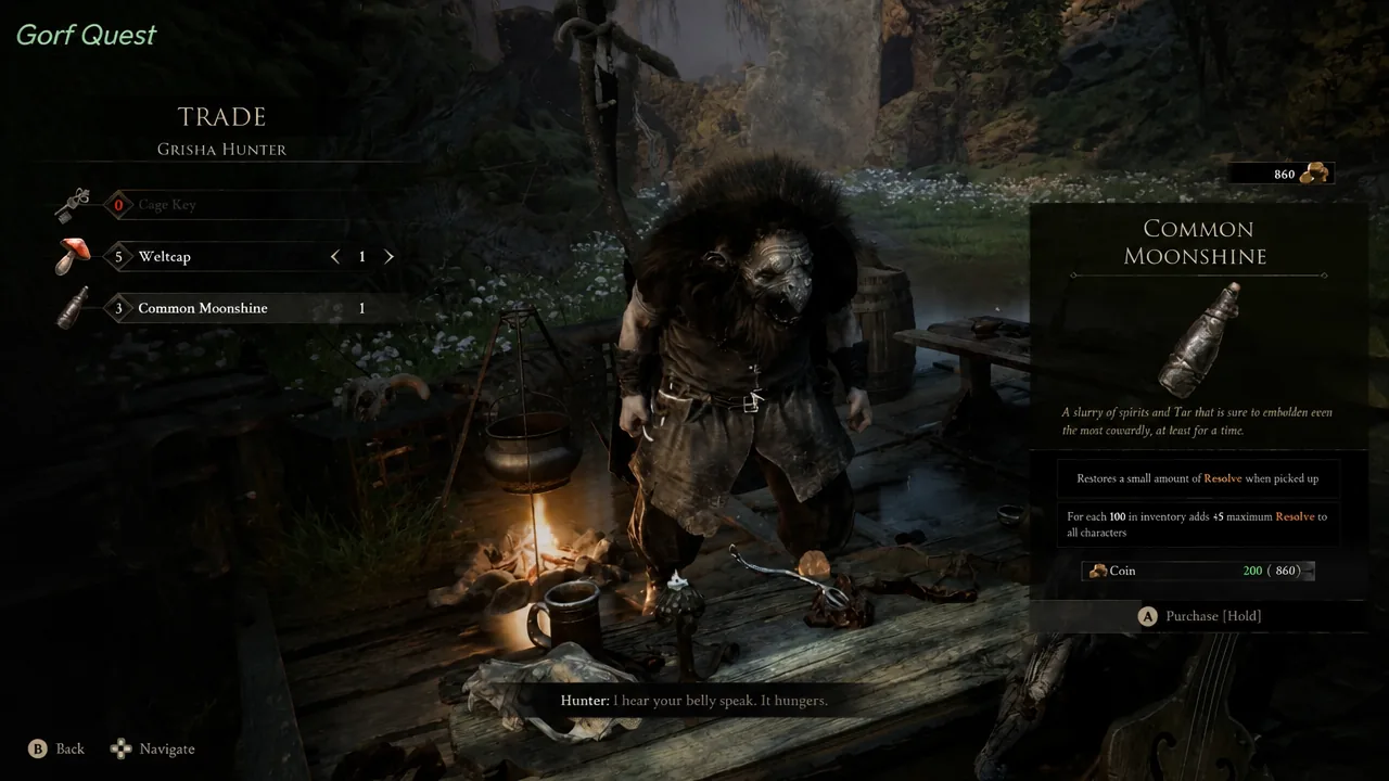Trade menu with Common Moonshine highlighted and a Purchase hold prompt on screen