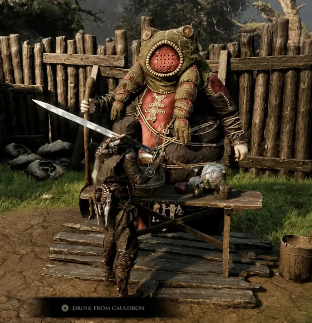 The DRINK FROM CAULDRON prompt appears as the Harbinger stands at Hilga's small cauldron