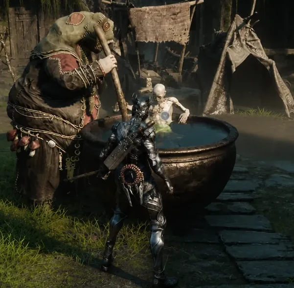 The Harbinger stands at Hilga's large cauldron inside the fenced Mushroom Village camp