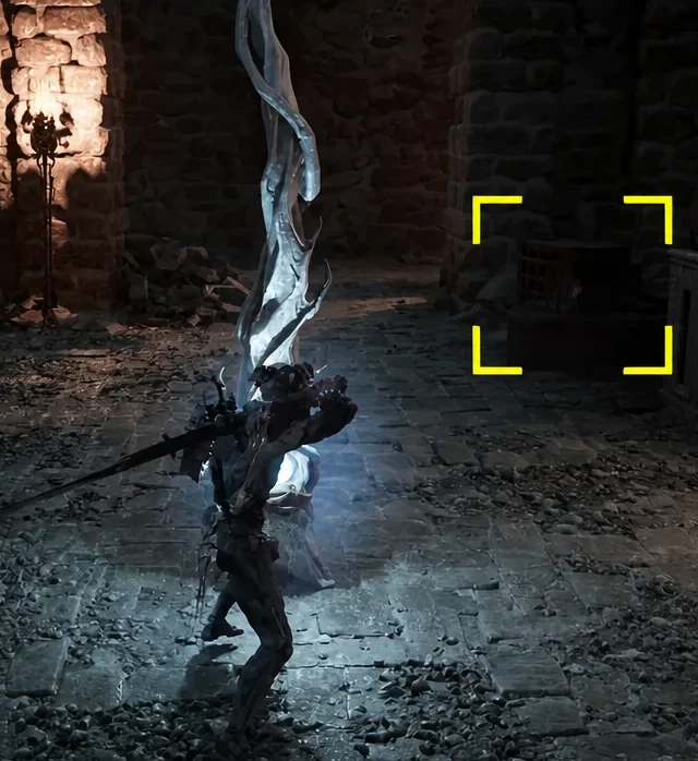 The Harbinger locks on to a glowing blue spectral enemy inside the Holding Cells corridors