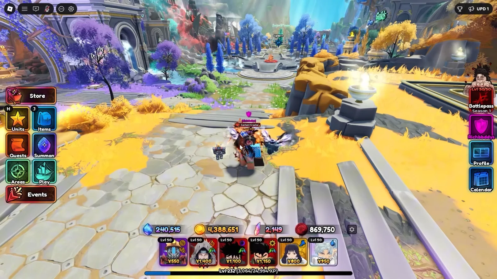 Anime Expeditions main hub with Store, Units, Items, Quests, Summon, Areas, Play, and Events menus