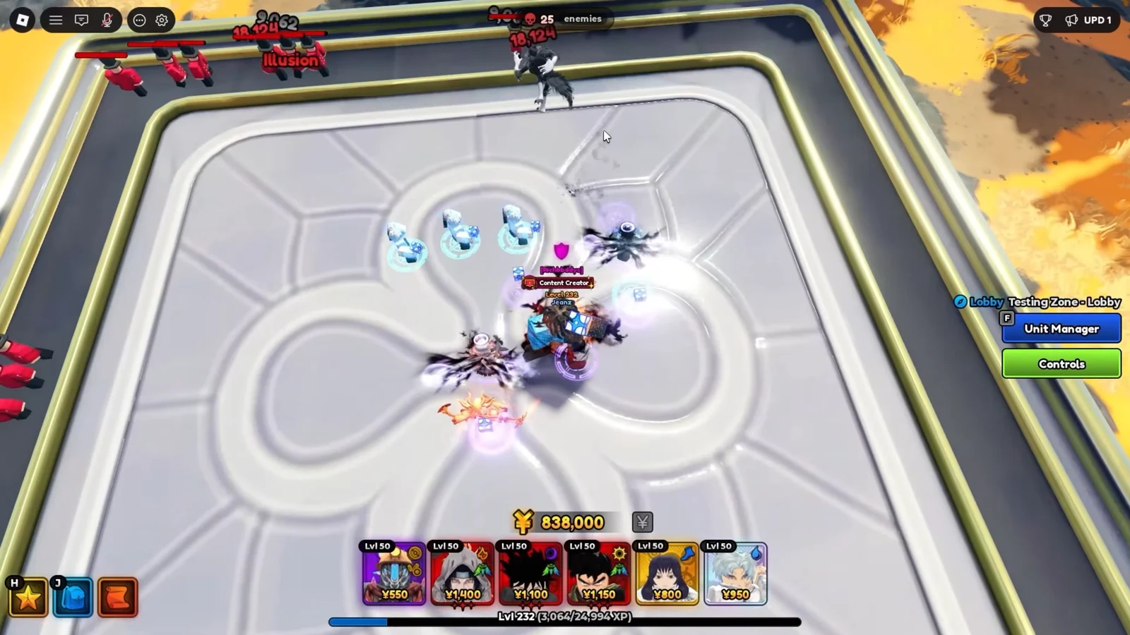 Lobby Testing Zone battlefield with deployed units attacking and Unit Manager and Controls buttons visible