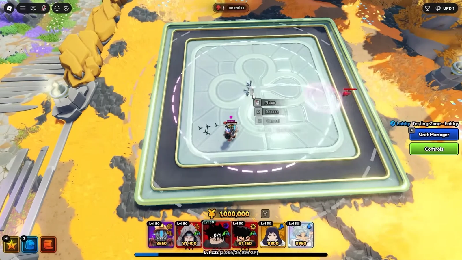 Unit placement overlay showing Place, Rotate, and Cancel prompts while positioning a unit