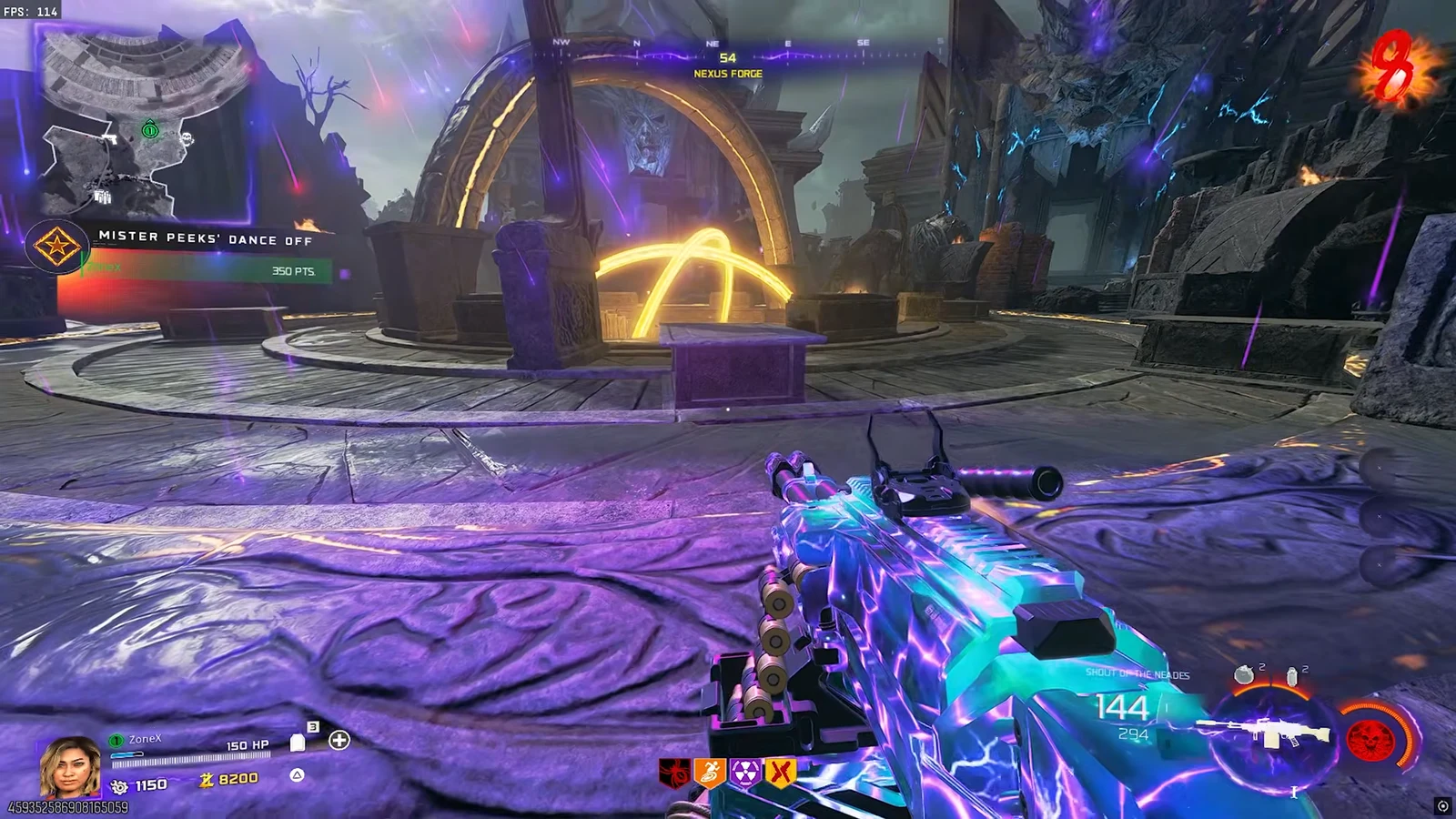 Player aims a glowing rifle in Nexus Forge as the Mister Peeks Dance Off score shows 350 points