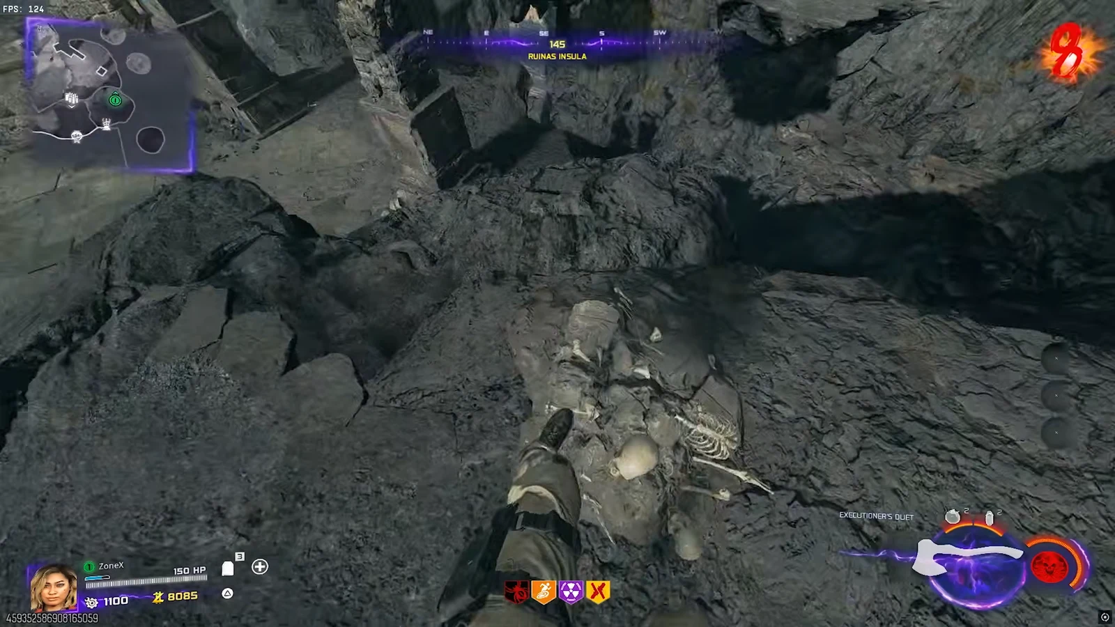 Player looks down at a fallen skeleton in the ruins while holding the Executor's Duet