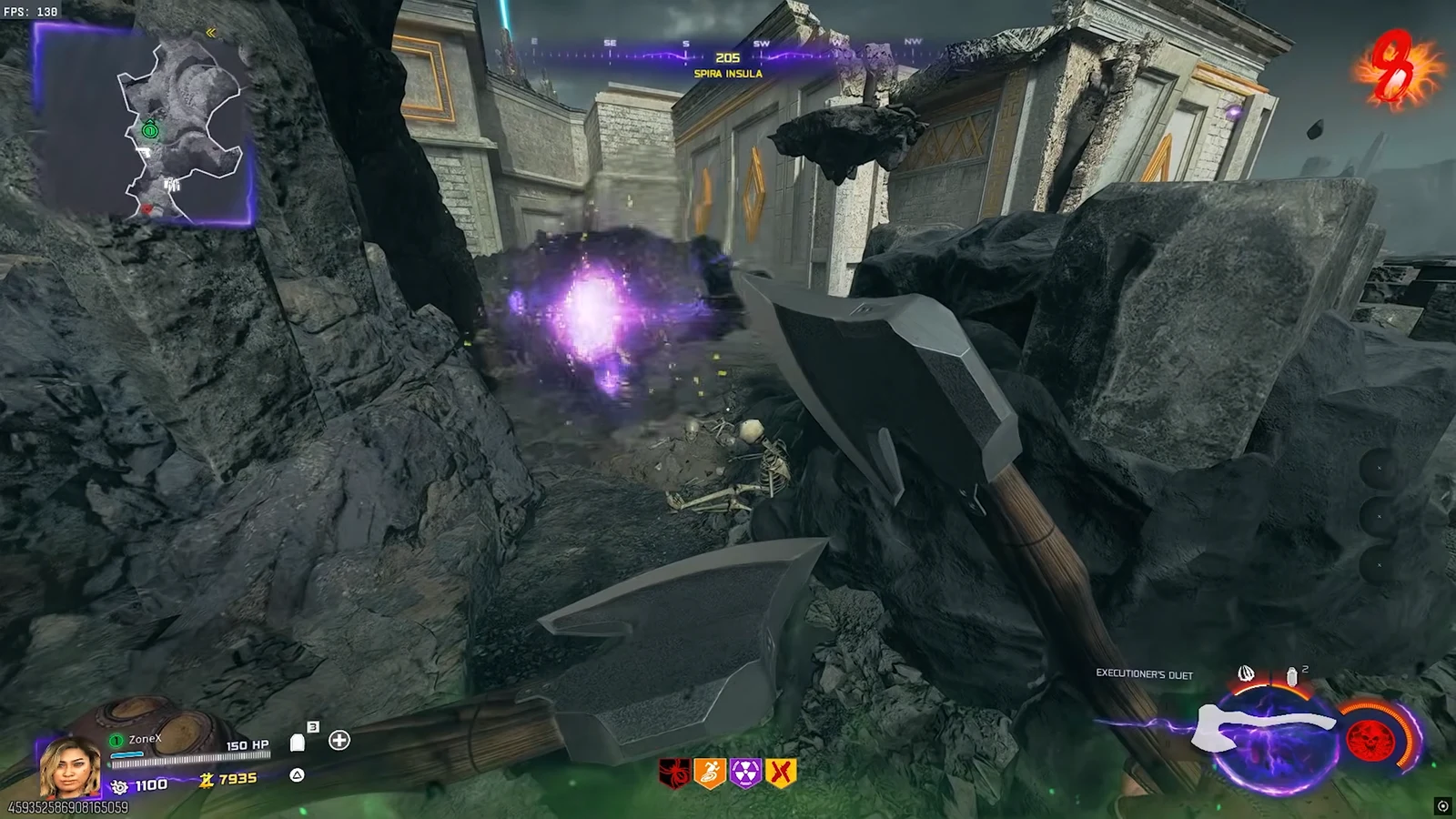 Player fights a purple-glowing enemy with the Executioner's Duet near the Shadowsmith Temple ruins