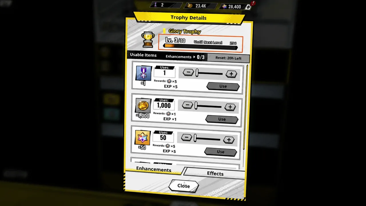 Trophy Details screen with usable items, quantity sliders, and Use buttons