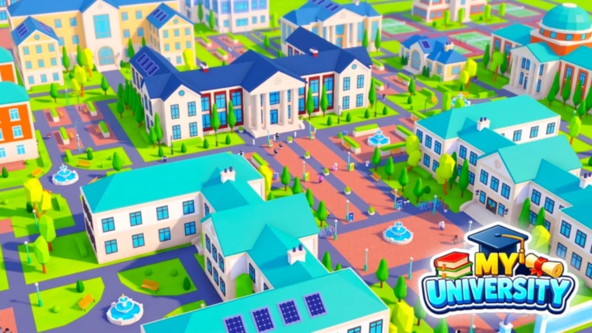Campus buildings and grounds in the My University tycoon game