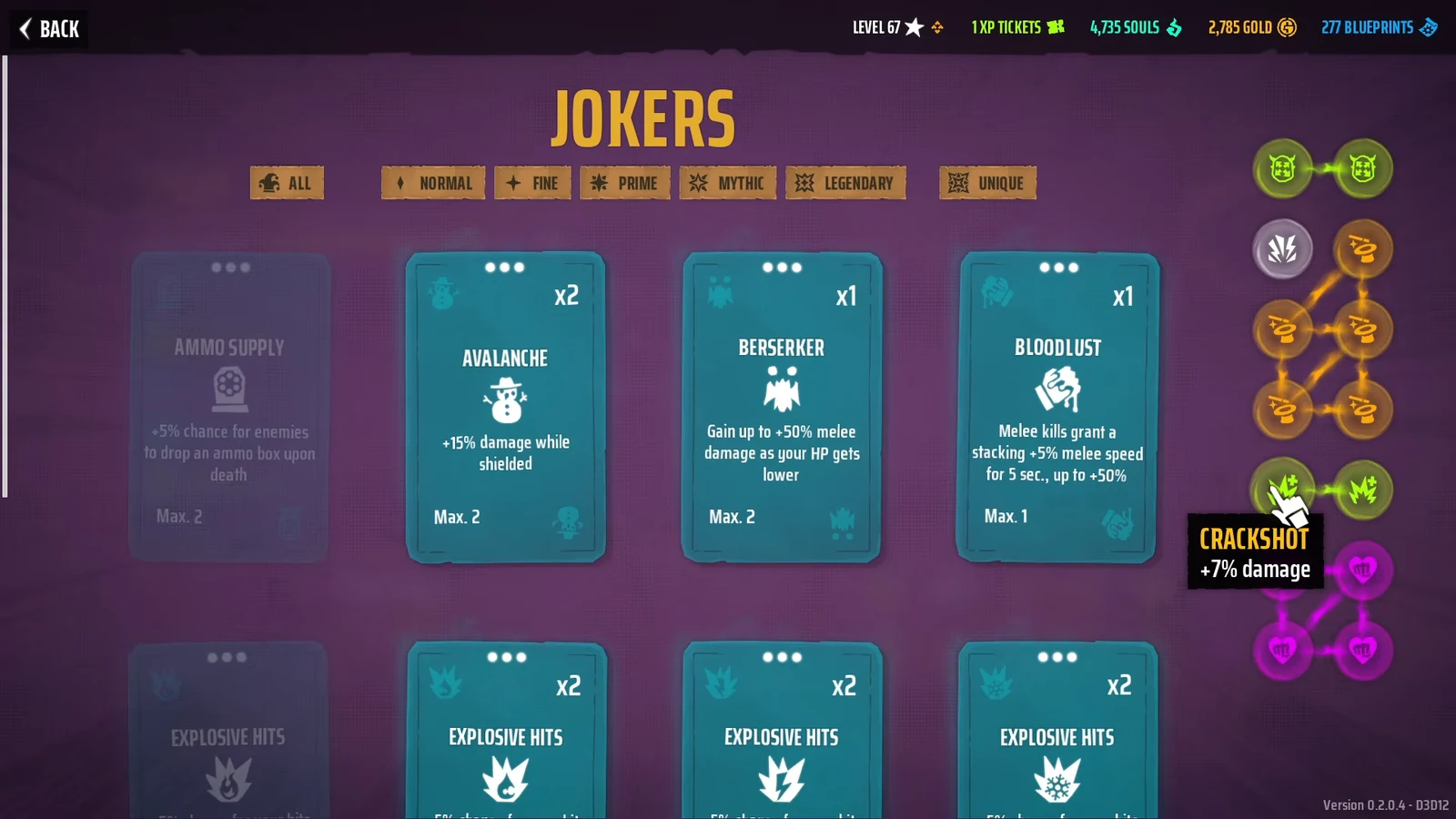 Crackshot joker node highlighted in the Jokers menu showing a plus 7 percent damage effect
