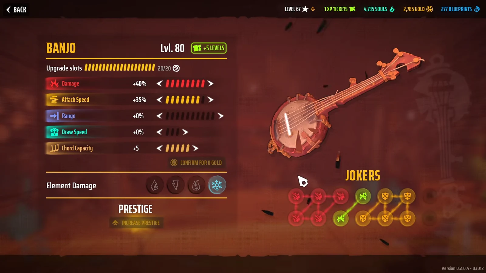 Banjo upgrade screen with the blue snowflake Element Damage option selected