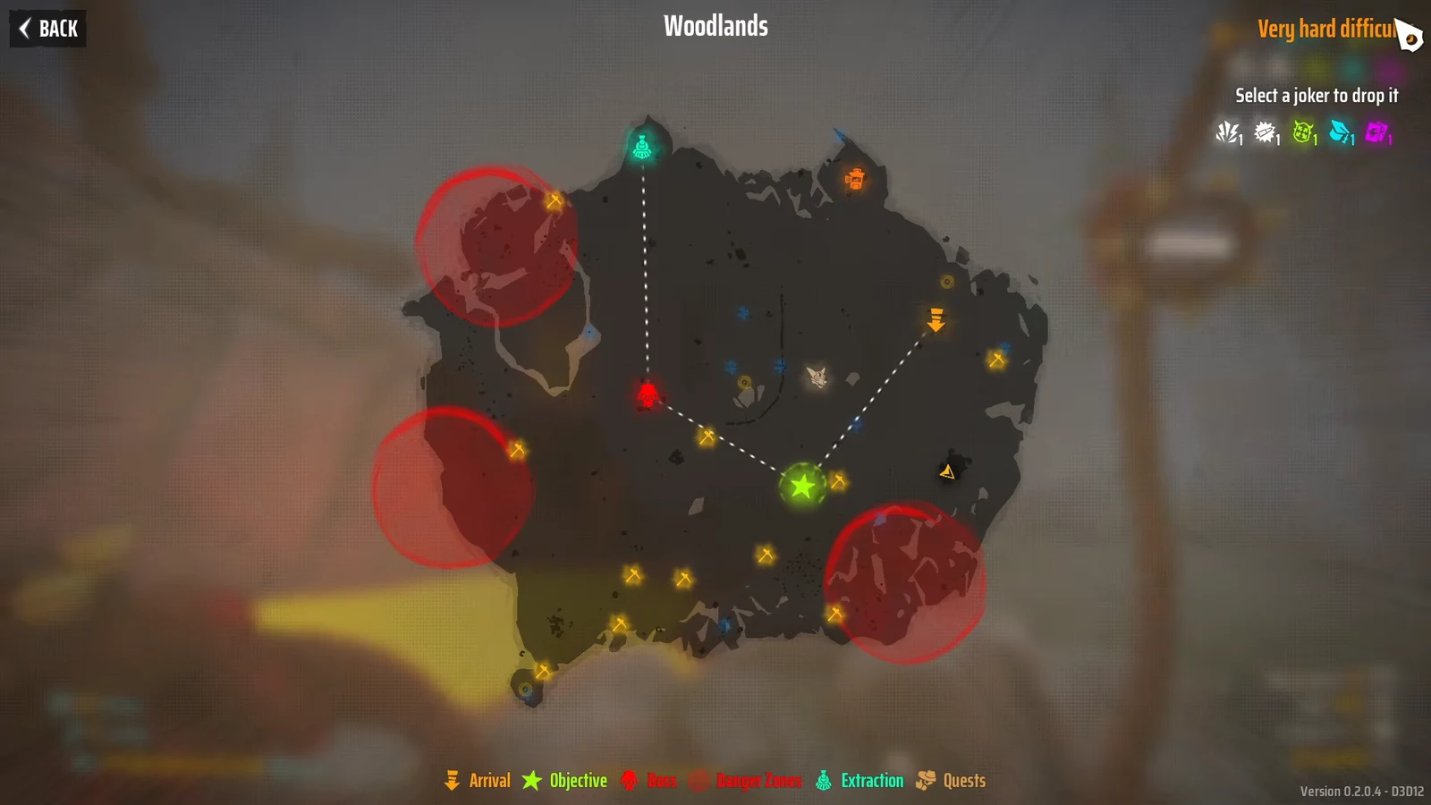 Woodlands run map with connected route nodes and a prompt asking the player to drop a joker