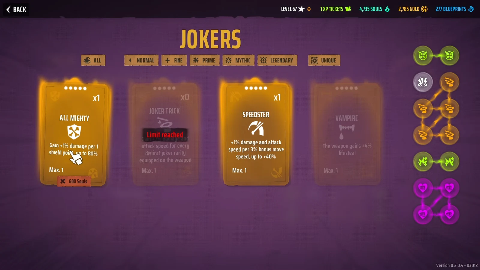 Jokers menu with All Mighty and Speedster cards selected and a red Limit reached warning